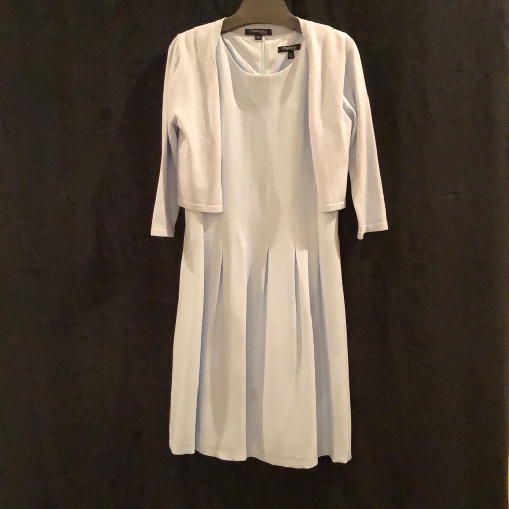 Light Blue sleeveless dress. 3/4 sleeve sweater.